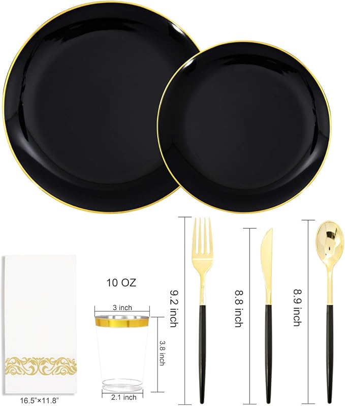 Supernal 350pcs Black Plastic Dinnerware Set - Black and Gold Plastic Plates,...