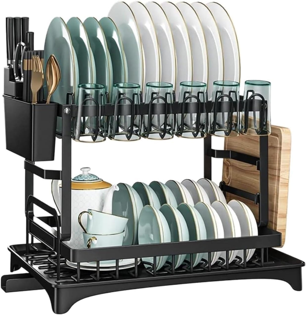 2 Tier Dish Drying Rack Stainless Steel with Auto Drainboard 360° Swivel Spou...