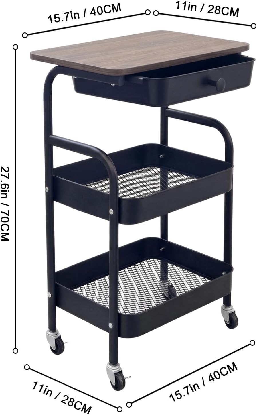 3 Tier Rolling Cart with Drawer and Wood Top, Small Space Storage Cart with W...
