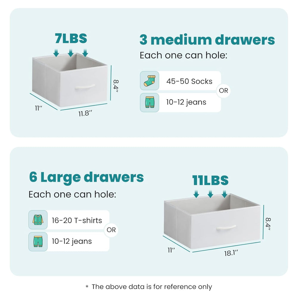 Dresser for Bedroom with 9 Drawers, Anti-Tip Fabric Storage Tower