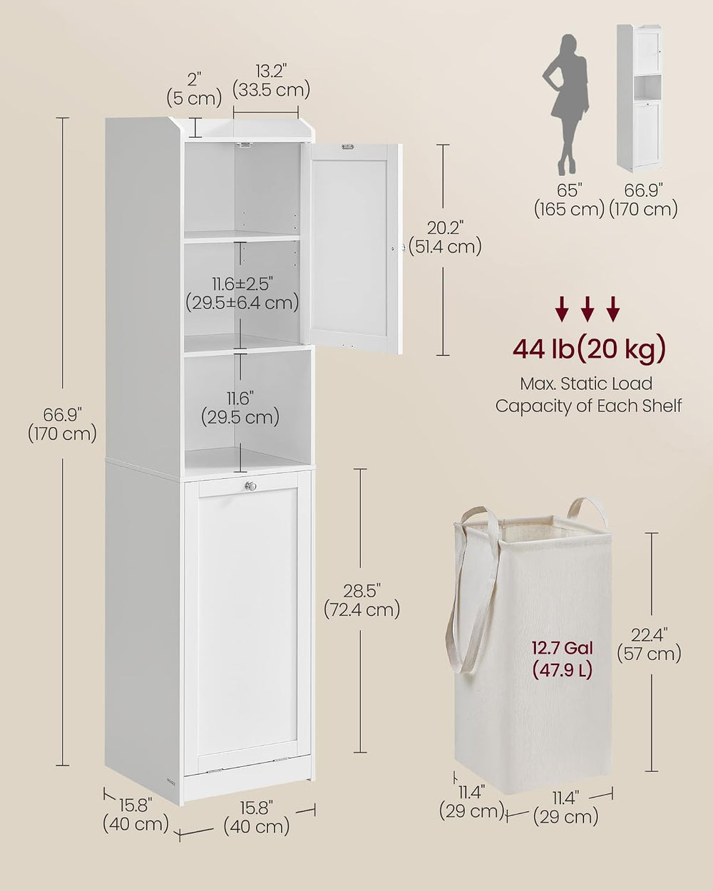 VASAGLE Tall Storage Cabinet, with Removable Laundry Basket, Cloud White