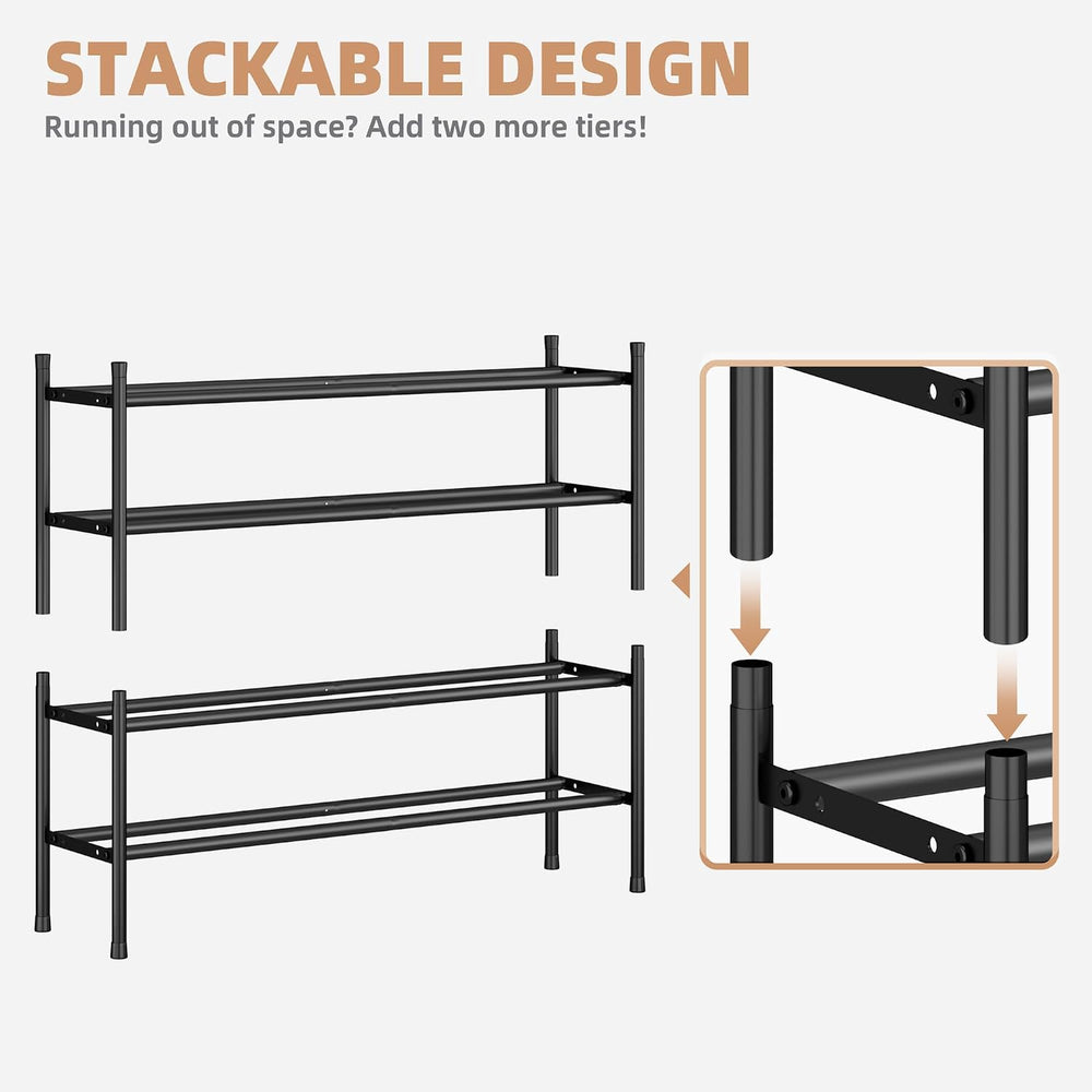 STORAGE MANIAC Long Expandable Shoe Rack, Holds Up 24 Pairs, Black 4 Tiers