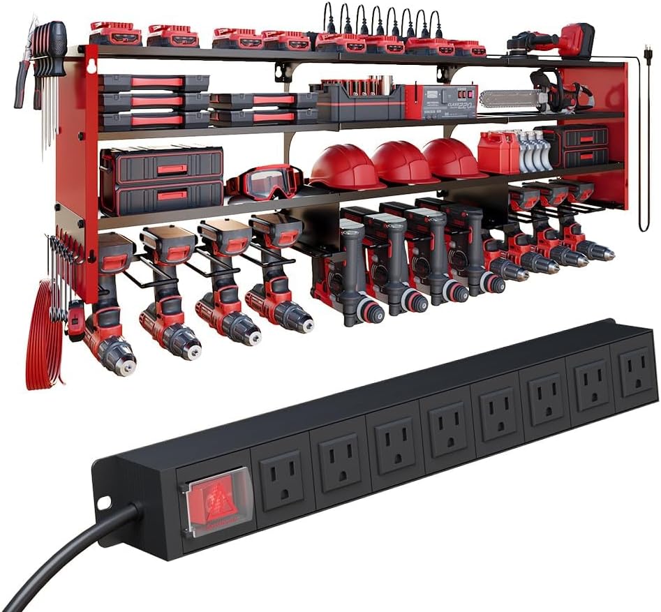 53" Power Tool Organizer Wall Mount with Power Strip, 4 Layers