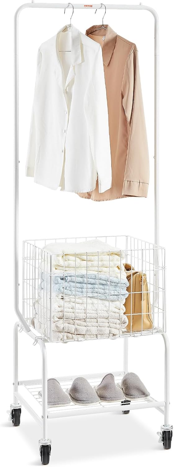 VEVOR Metal Rolling Laundry Basket with Hanging Garment Rack, Laundry Hamper ...