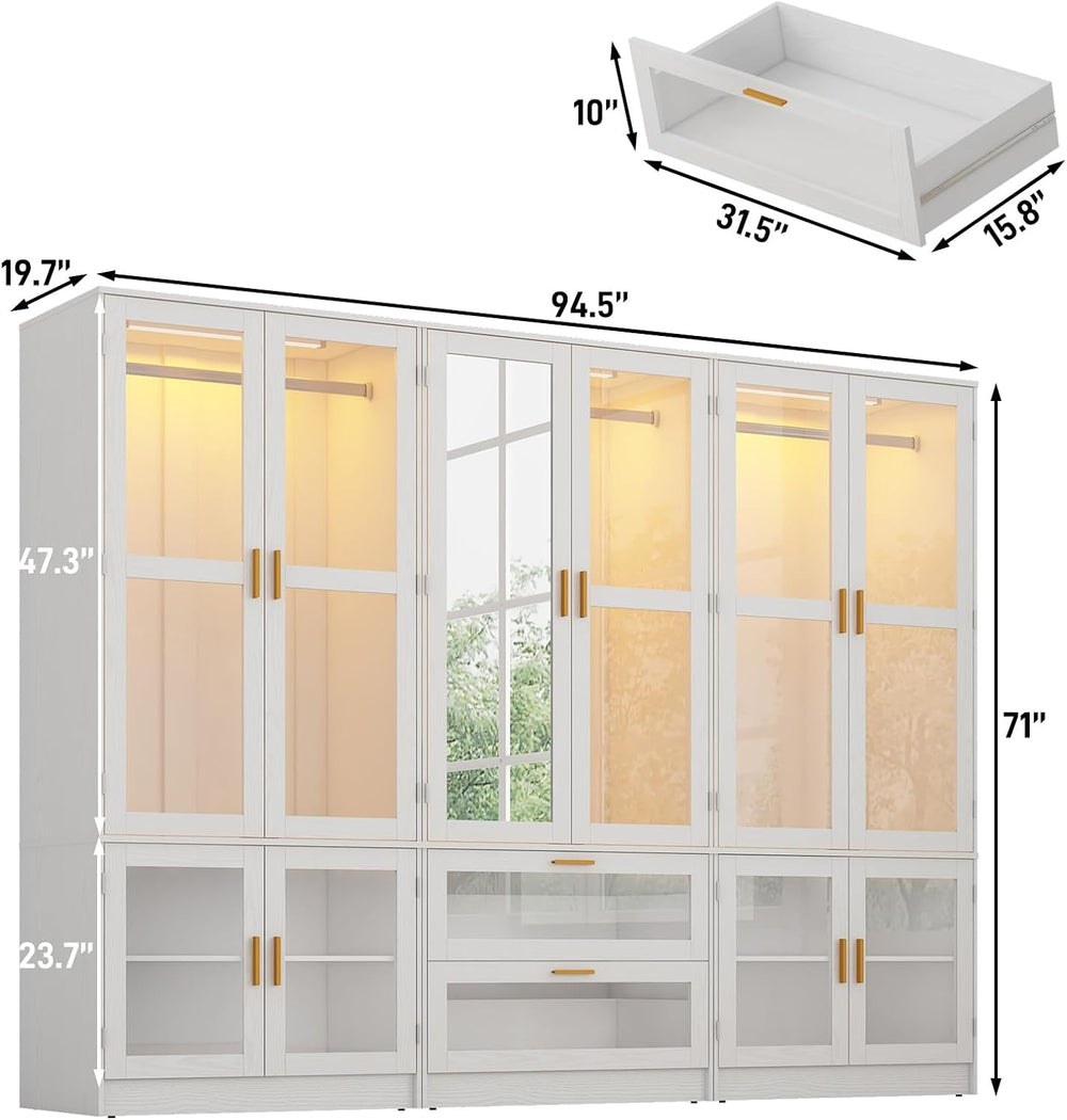 6 Doors Armoire Wardrobe Closet with LED and Mirror,71" H Freestanding W...