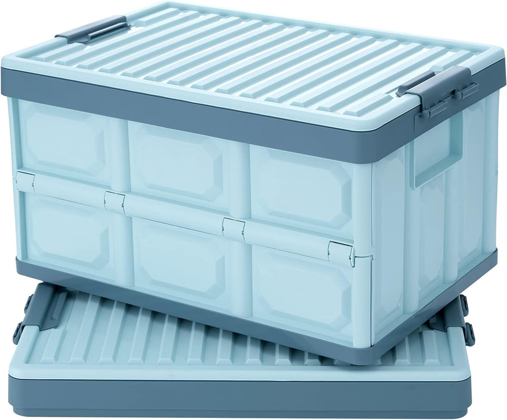Blue Folding Plastic Stackable Utility Crates 2-Pack, Collapsible Storage Bin...