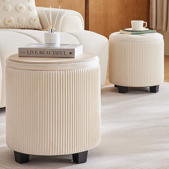 Big Round Ottoman with Storage Set of 2, Upholstered Velvet Vanity Stool