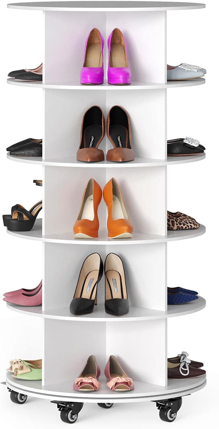 SpaceAid Spinning Shoe Rack with Wheels, 5 Tier Rotating Organizer Shoe Tower...