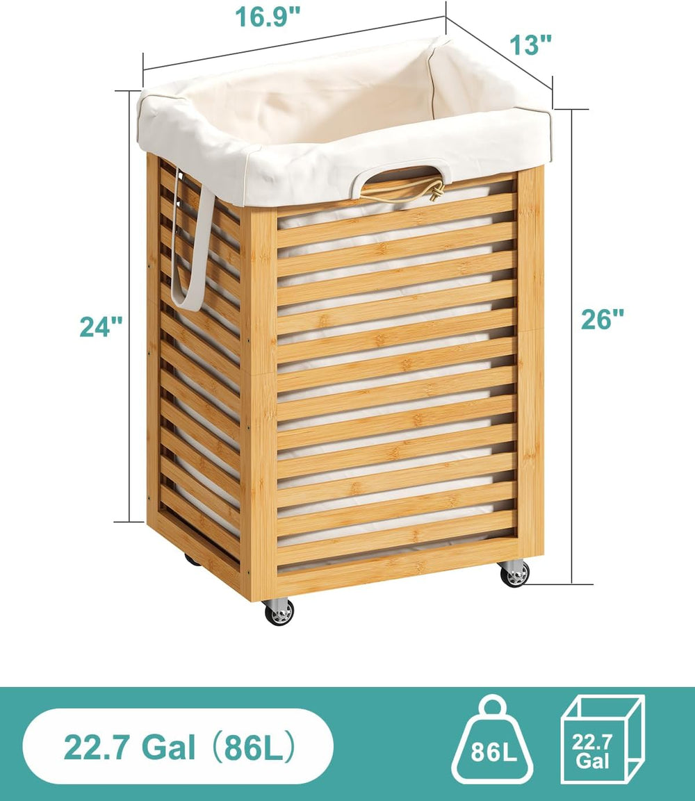 Laundry Hamper, 22.7 Gallon (86L) Bamboo Wood Clothes Laundry Basket with Whe...