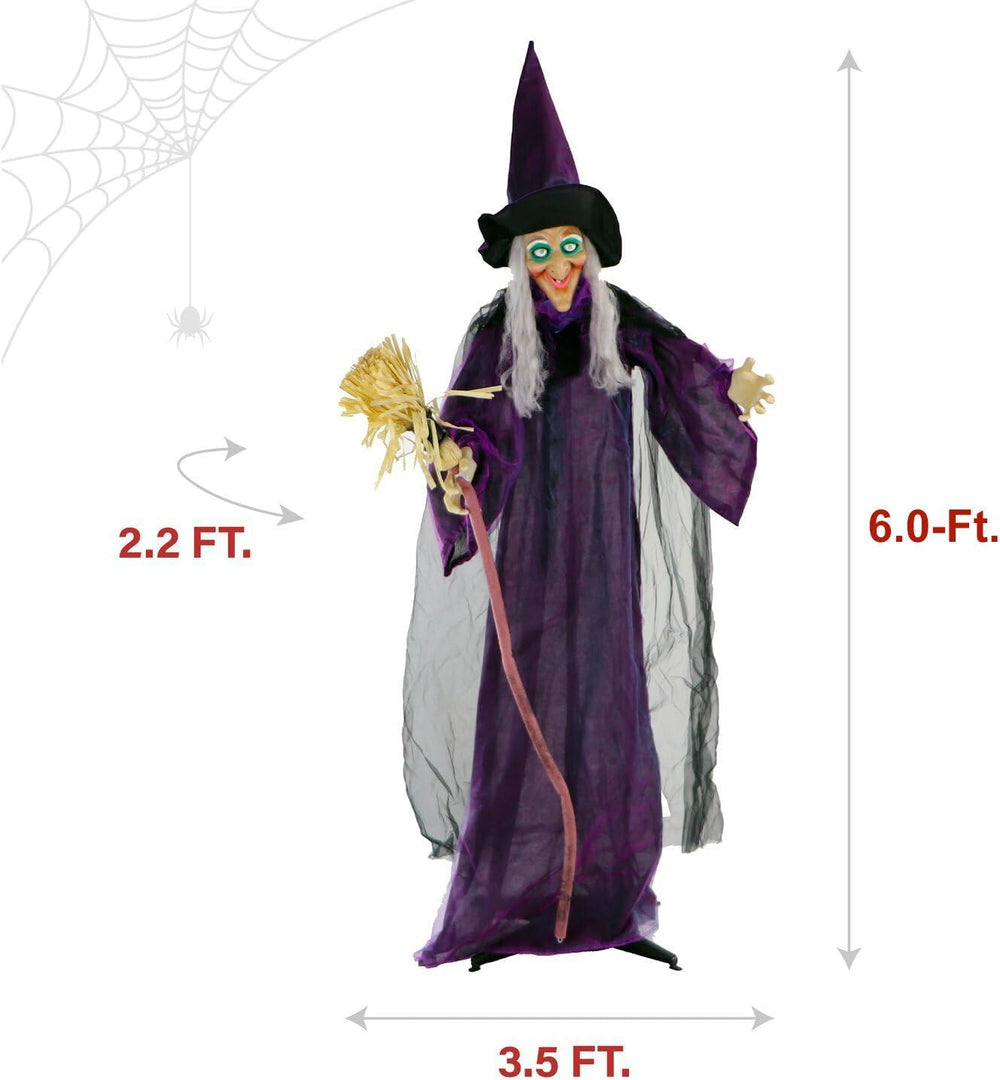 Haunted Hill Farm Life-Size Scary Talking Witch with Broomstick, Halloween An...