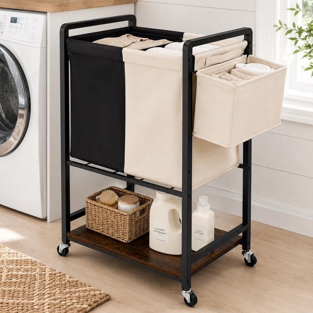 Rolling Laundry Sorter Cart with 2 Removable Bags, Double Laundry Hamper with...