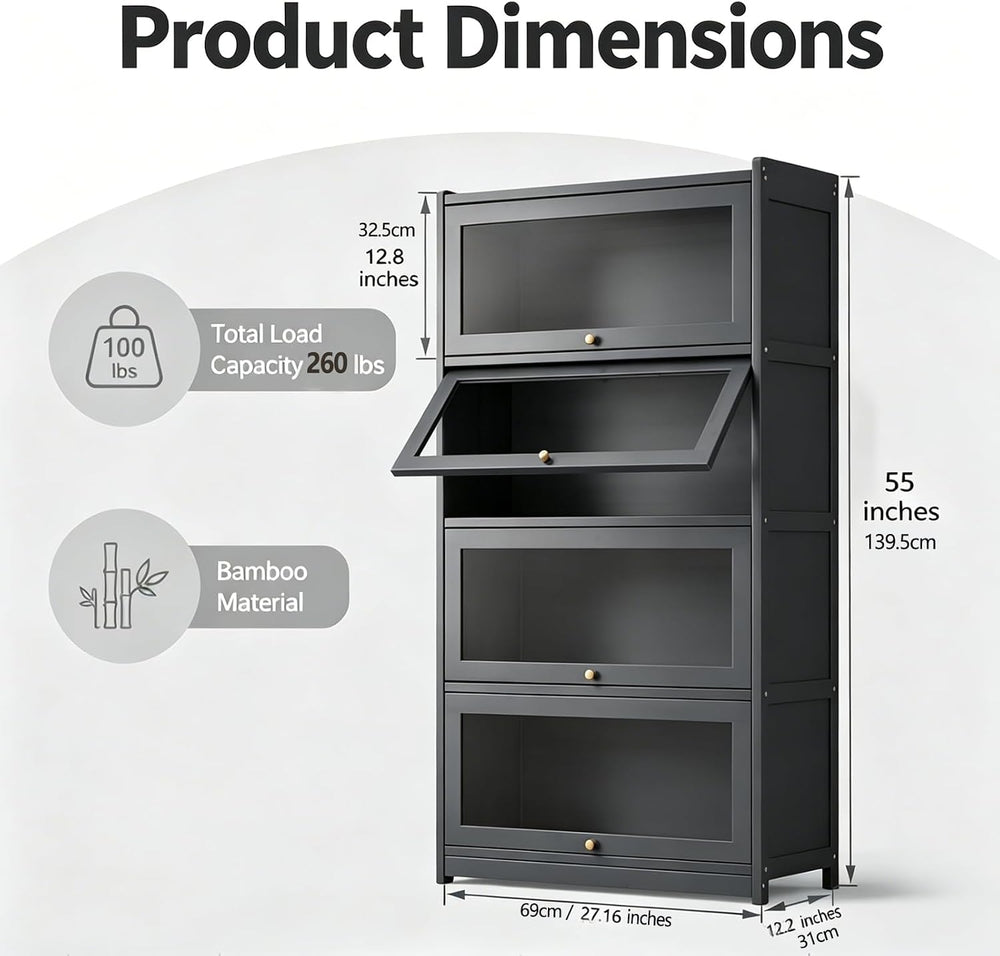 Display Cabinet with Doors, 4-Tier Bamboo Curio Cabinet for Small Space, Figu...