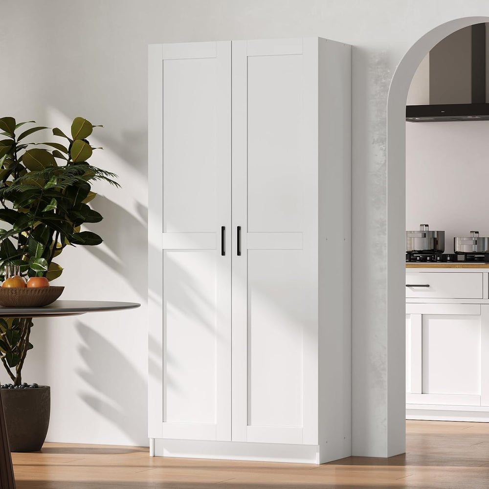 White Tall Kitchen Pantry Cabinet Organizers and Storage with Doors and Adjus...