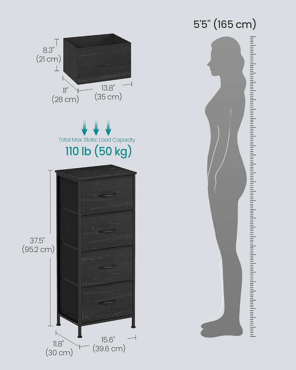 SONGMICS Dresser for Bedroom, Tall Dresser with 4 Fabric Drawers