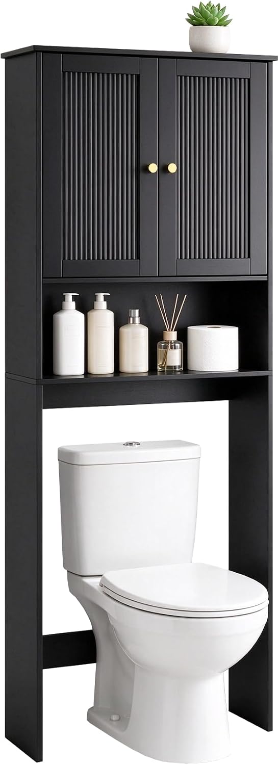 Over the Toilet Storage Cabinet, 2 Fluted Doors, Adjustable Shelf, Black