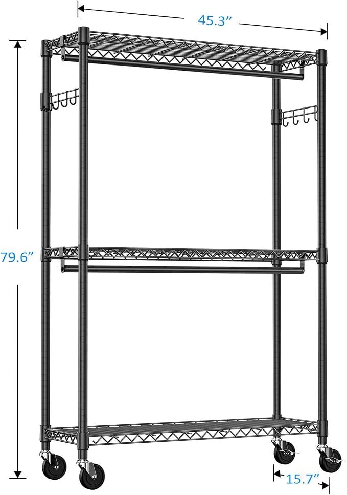 IZEUK 3 Tier Heavy Duty Rolling Garment Rack Wire Clothes Rack