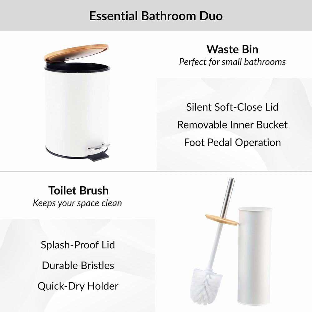 Bathroom Set w/Bamboo Lid, Metal Trash Can & Toilet Brush, 2.5L Bin, White