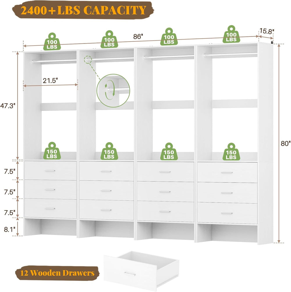 Aheaplus Closet System Closet Organizer, 7.2FT Closets, Set of 4，White