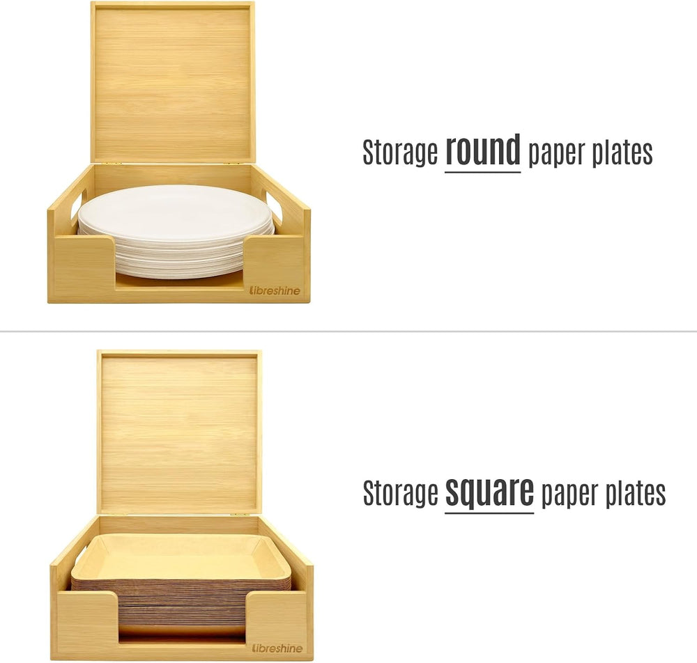 Bamboo Paper Plate Dispenser with Lid, Fits 8.5-10 Inch Plates