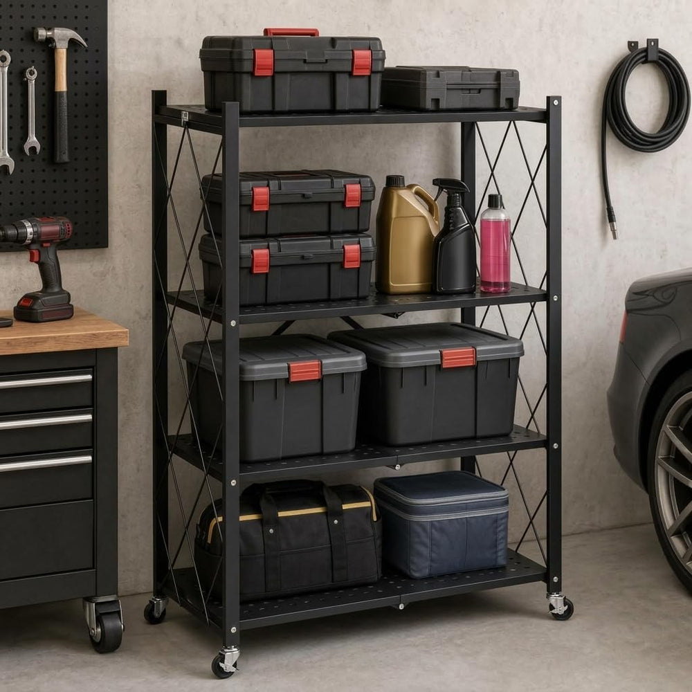 4-Tier Foldable Storage Shelves with Wheels (Black)