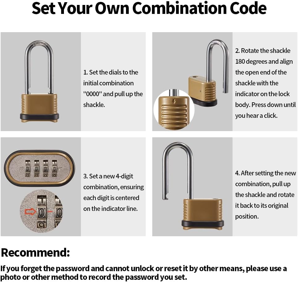 CINCINNO Heavy Duty Combination Lock, 4-Digit Combo Lock with Long Shackle,We...