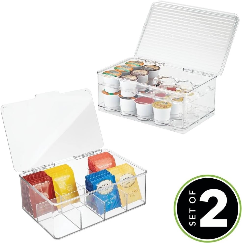 mDesign Plastic Stackable Divided Storage Organizer with Lid for Tea Bags and...