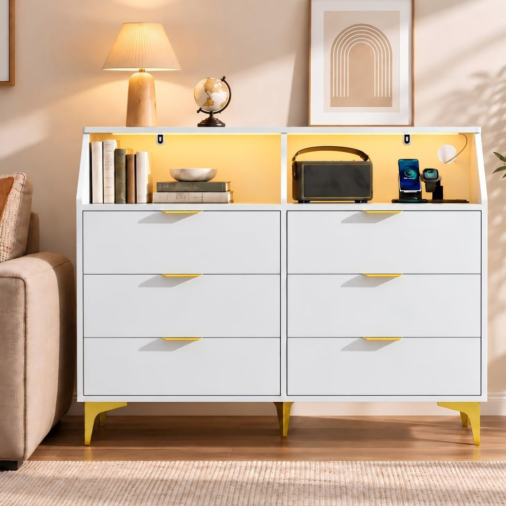 LOUVIXA 6 Drawer Dresser with LED Light, Chest of Drawers with Charging Stati...