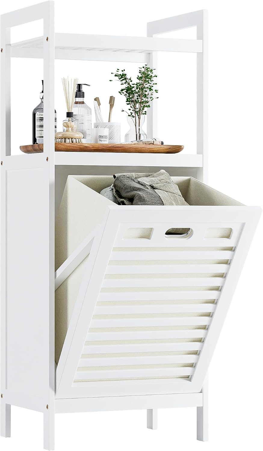 HITNET Bamboo Tilt Out Hamper, 10 Gal Bathroom Laundry Cabinet with Hidden Fo...