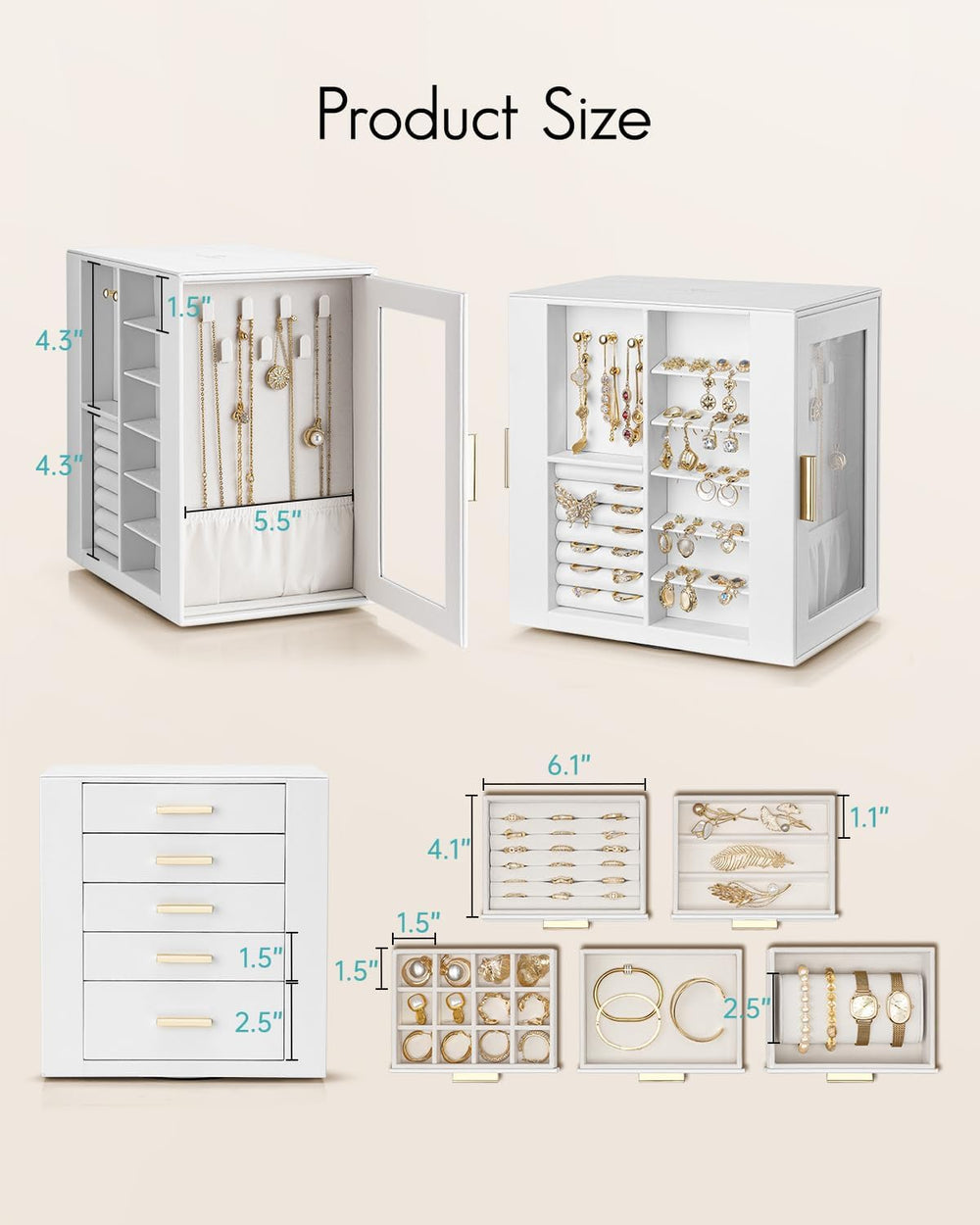 VLANDO 360°Rotating PU Leather Jewelry Box With 5 Drawers & Glass Window