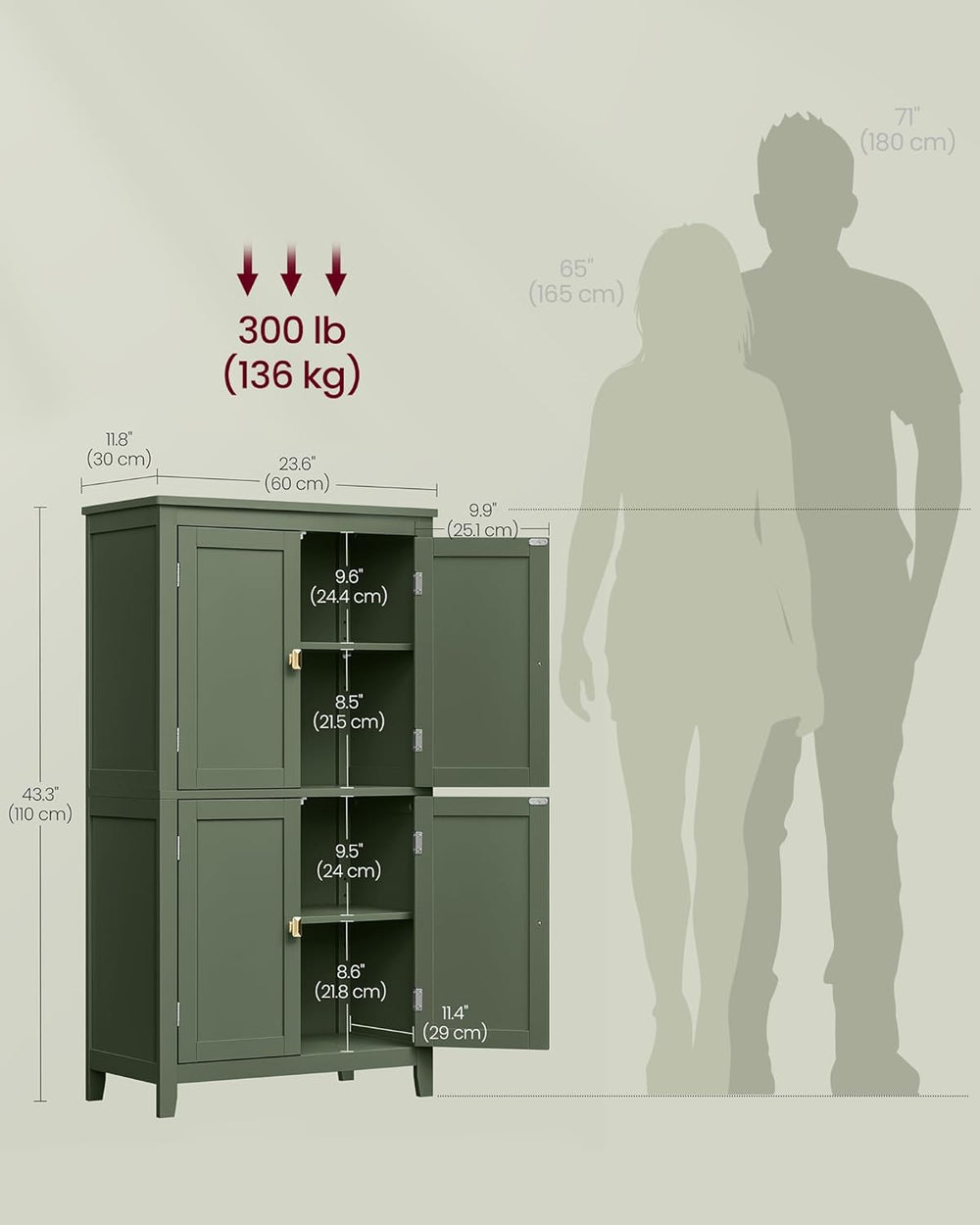 VASAGLE Bathroom Floor Cabinet, with 4 Doors, Forest Green