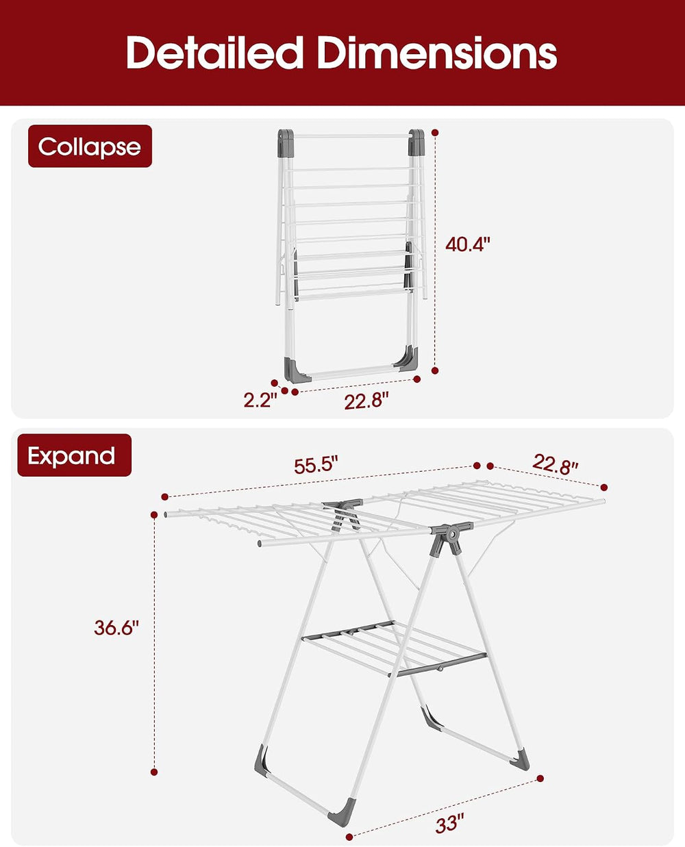 Clothes Drying Rack, 55.5" Adjustable Wings, Foldable Design