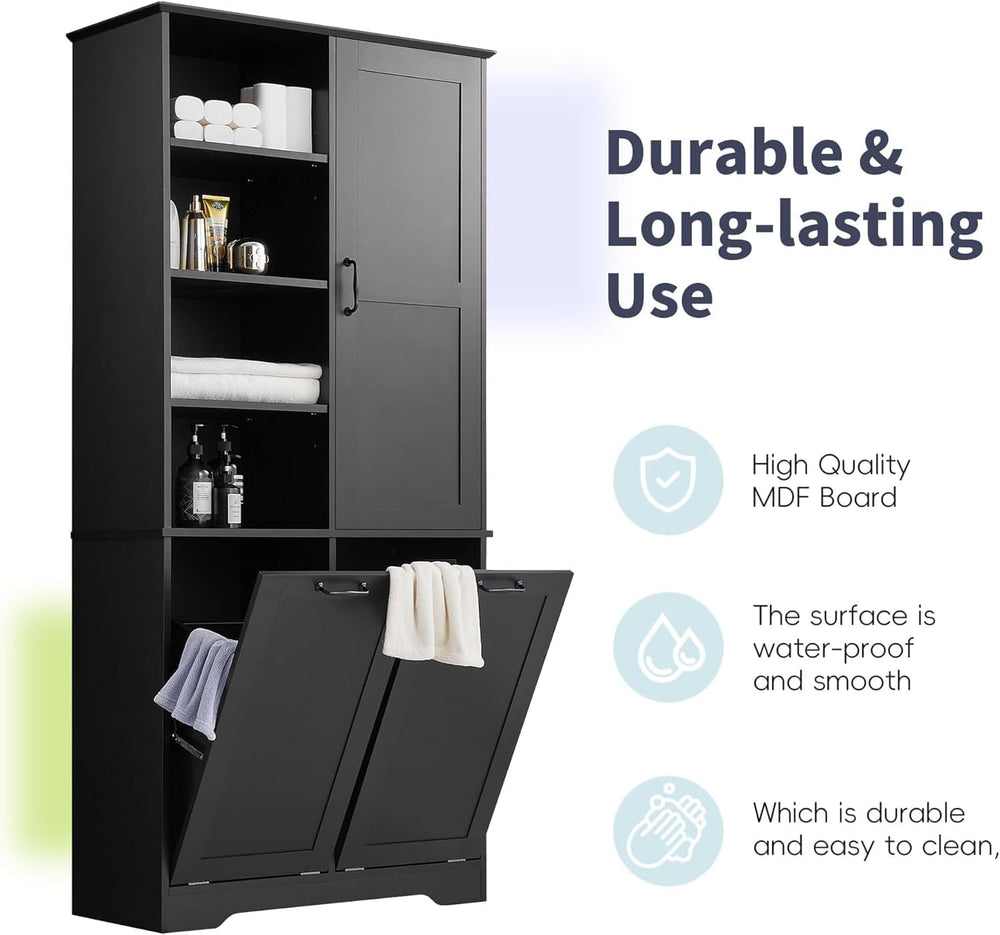 Virubi Tall Laundry Cabinet with 2 Tilt Out Laundry Hamper, Wood Bathroom Sto...