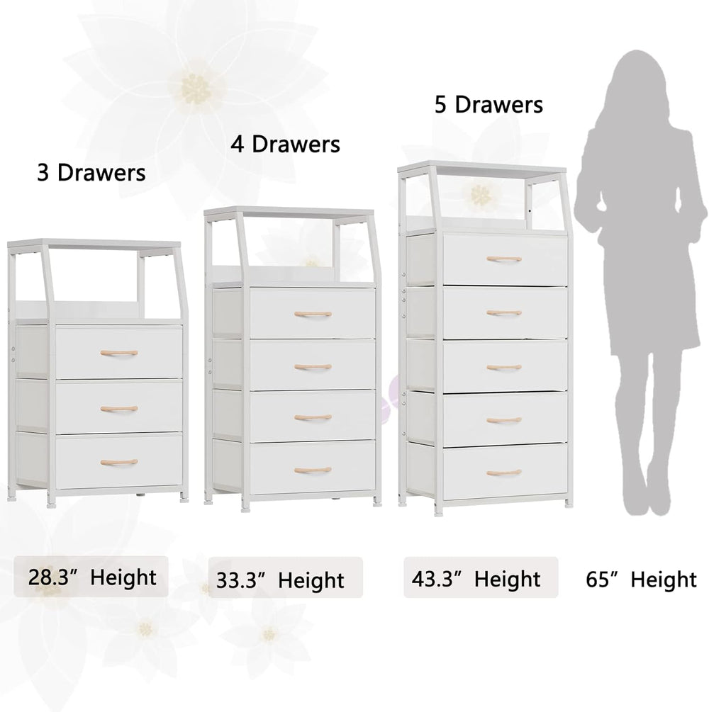 Furnulem White Night Stand with 3 Fabric Drawers , Small Bedside Table