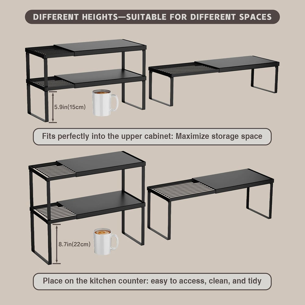 Magheo Expandable Cabinet Shelf Organizer, 2 Pack Stackable Kitchen Counter S...