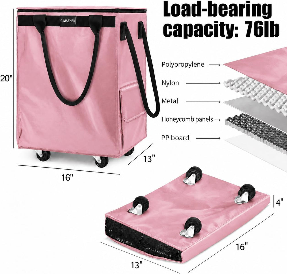 Rolling Grocery Bag on 4 Wheels, Reusable Shopping Tote Bag with 3 Handles