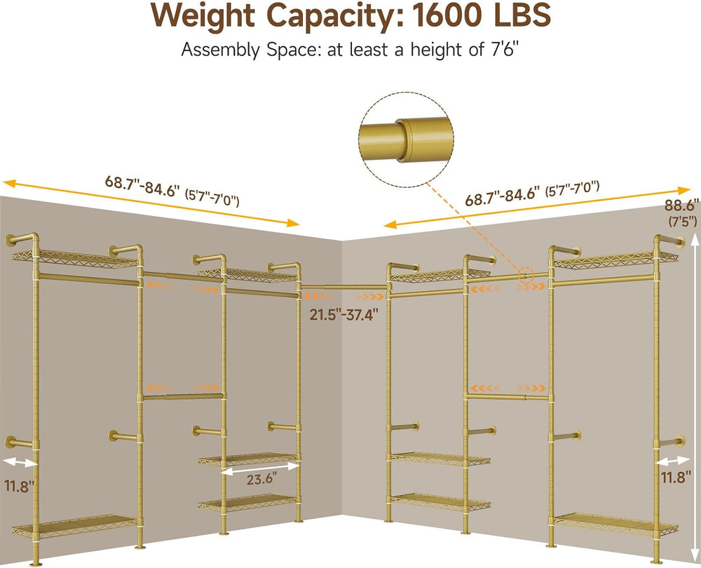 ONBRILL L7 Wall Mounted Industrial Pipe Clothing Rack, Corner Closet System