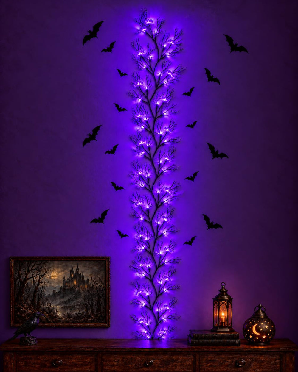 Halloween Twig Garland Decoration with 66 Purple LED Lights, 9 FT