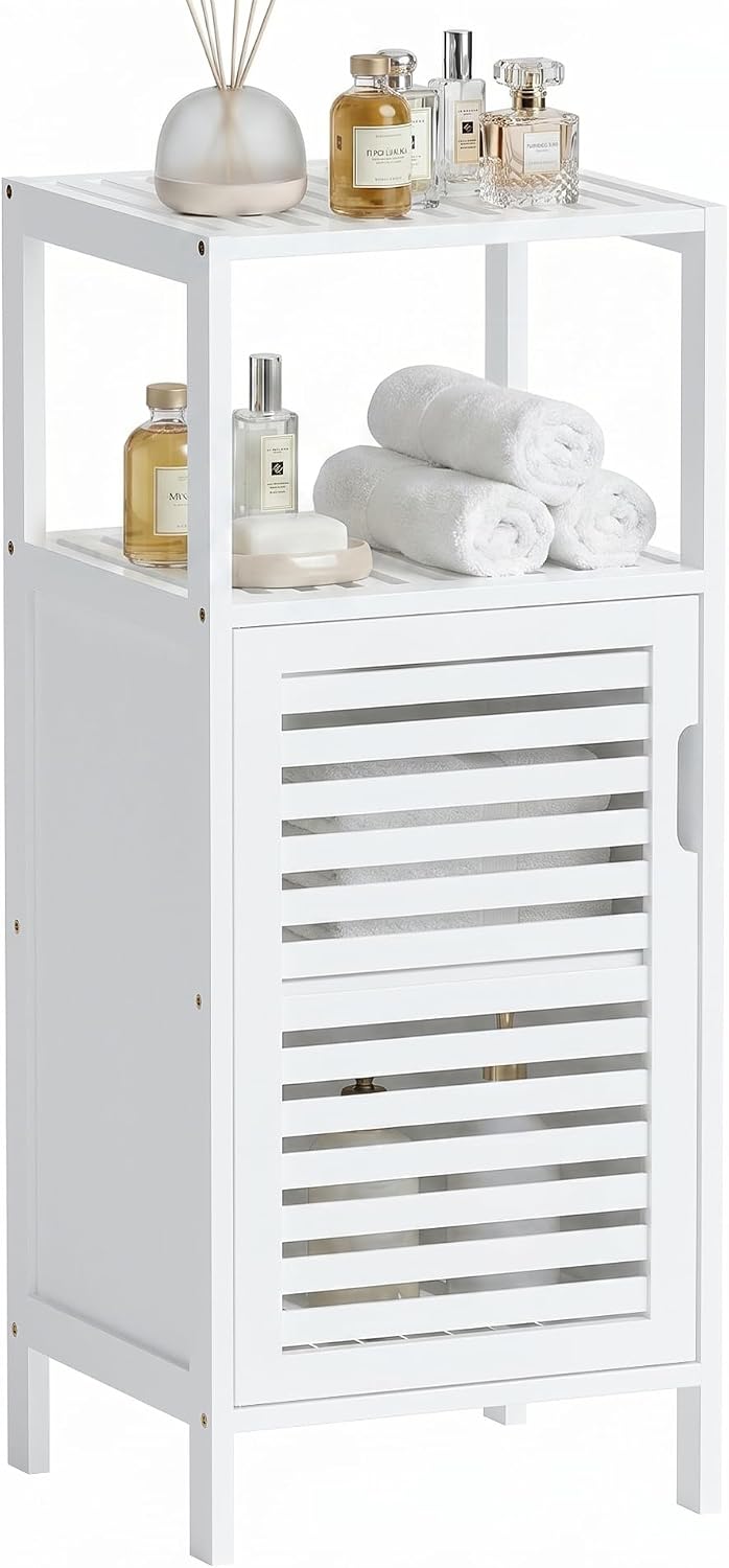 Bamboo Bathroom Storage Cabinet, 4 Tier Small White Floor Cabinet with Single...