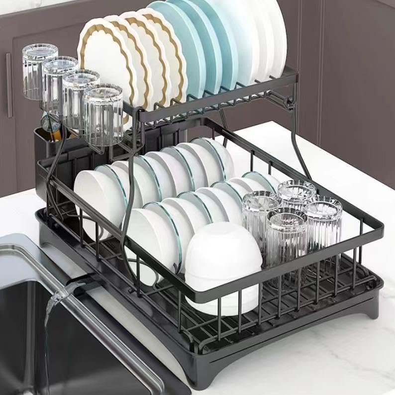 2 Tier Dish Drying Rack Stainless Steel with Auto Drainboard 360° Swivel Spou...