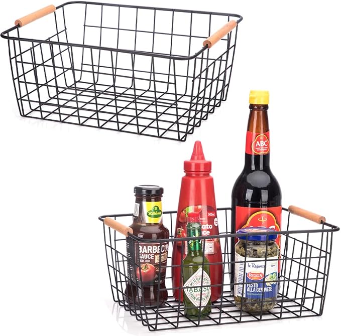 LeleCAT Wire Baskets with Wooden Handles, Wire Storage Organizer Baskets (Set...