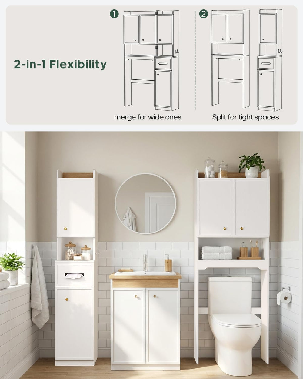 7-Tier Over Toilet Storage Cabinet, 2-in-1, Separable Bathroom Storage