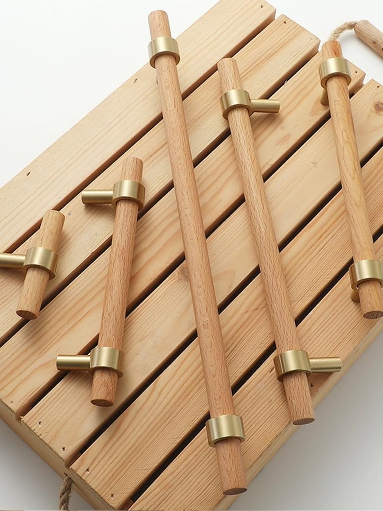 Adjustable Drawer Pulls Natural Wood and Brass Cabinet Handles for Kitchen Cu...