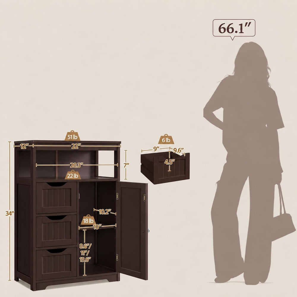 Yaheetech Freestanding Bathroom Storage Cabinet with 3 Drawers, Espresso