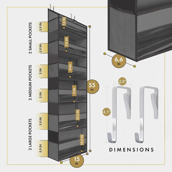 HOMELUX THEORY 2PC Heavy Duty Over the Door Organizer 55x14x6.7, 6 Large Front