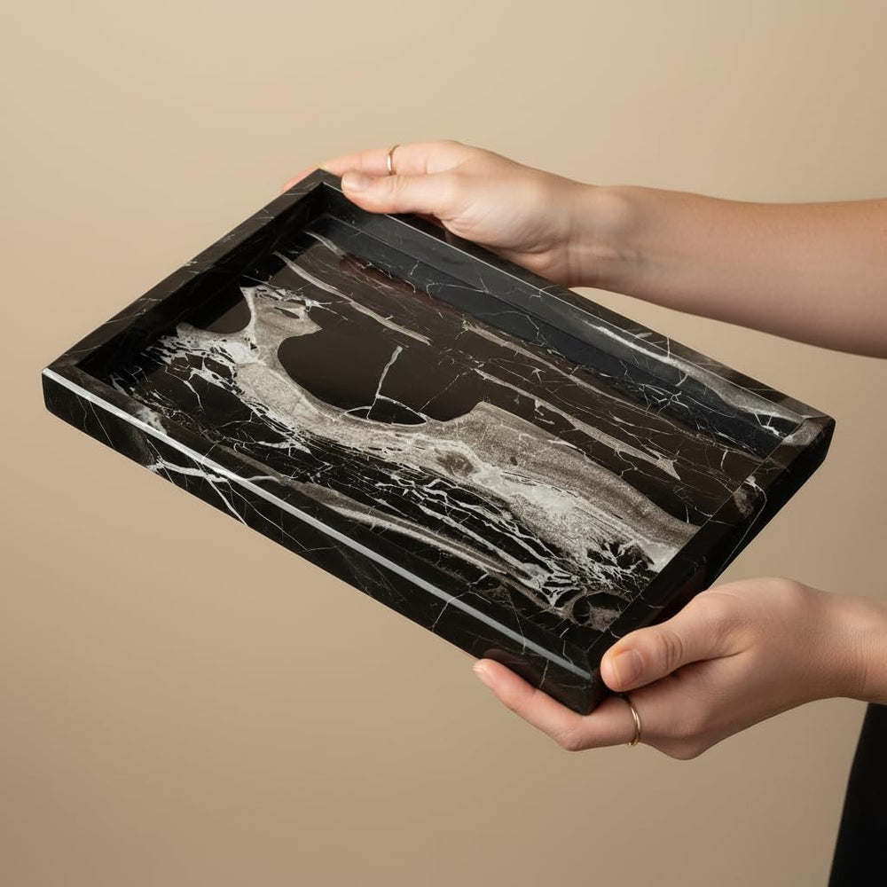 Black Marble Tray for Men 12x8, Real Natural Bathroom Vanity Perfume Jewelry