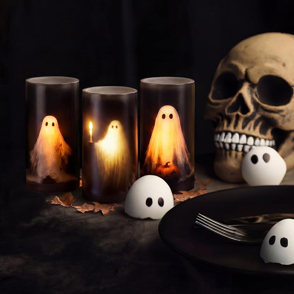 Woanger 3 Pcs Halloween LED Flameless Candles Ghost Flickering Fake Candles
