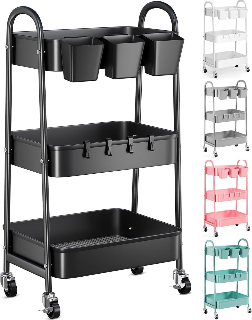 3 Tier Metal Rolling Cart with Lockable Wheels,Black Three Tiered Art Carts