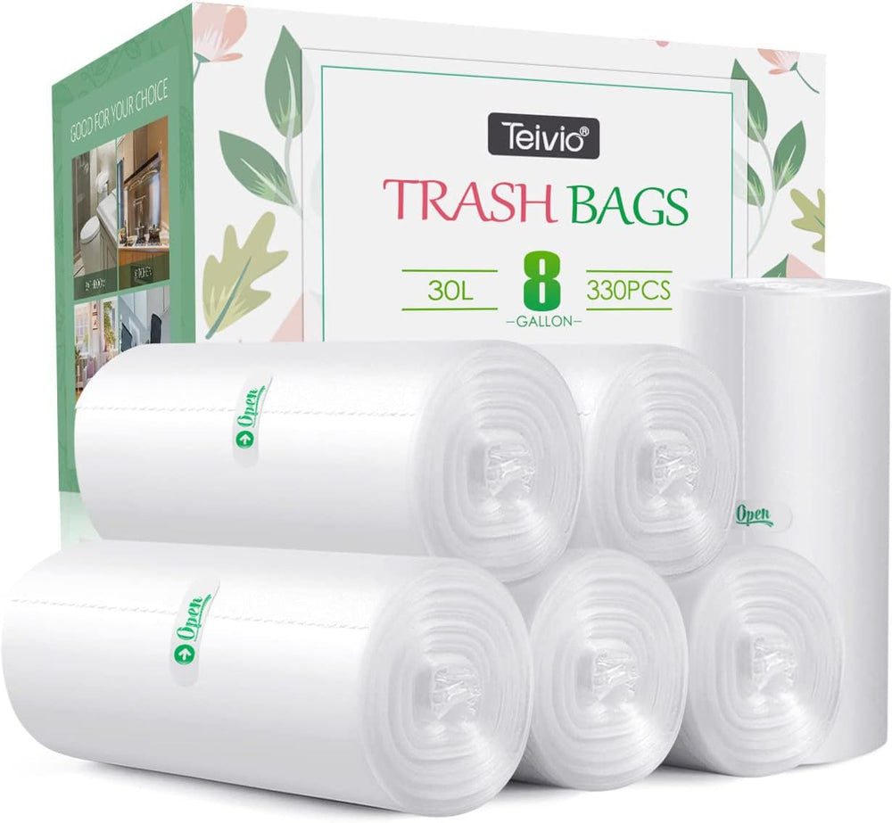 Teivio Medium Clear Trash Bags 8 Gallon 330 Count Kitchen Garbage Bags