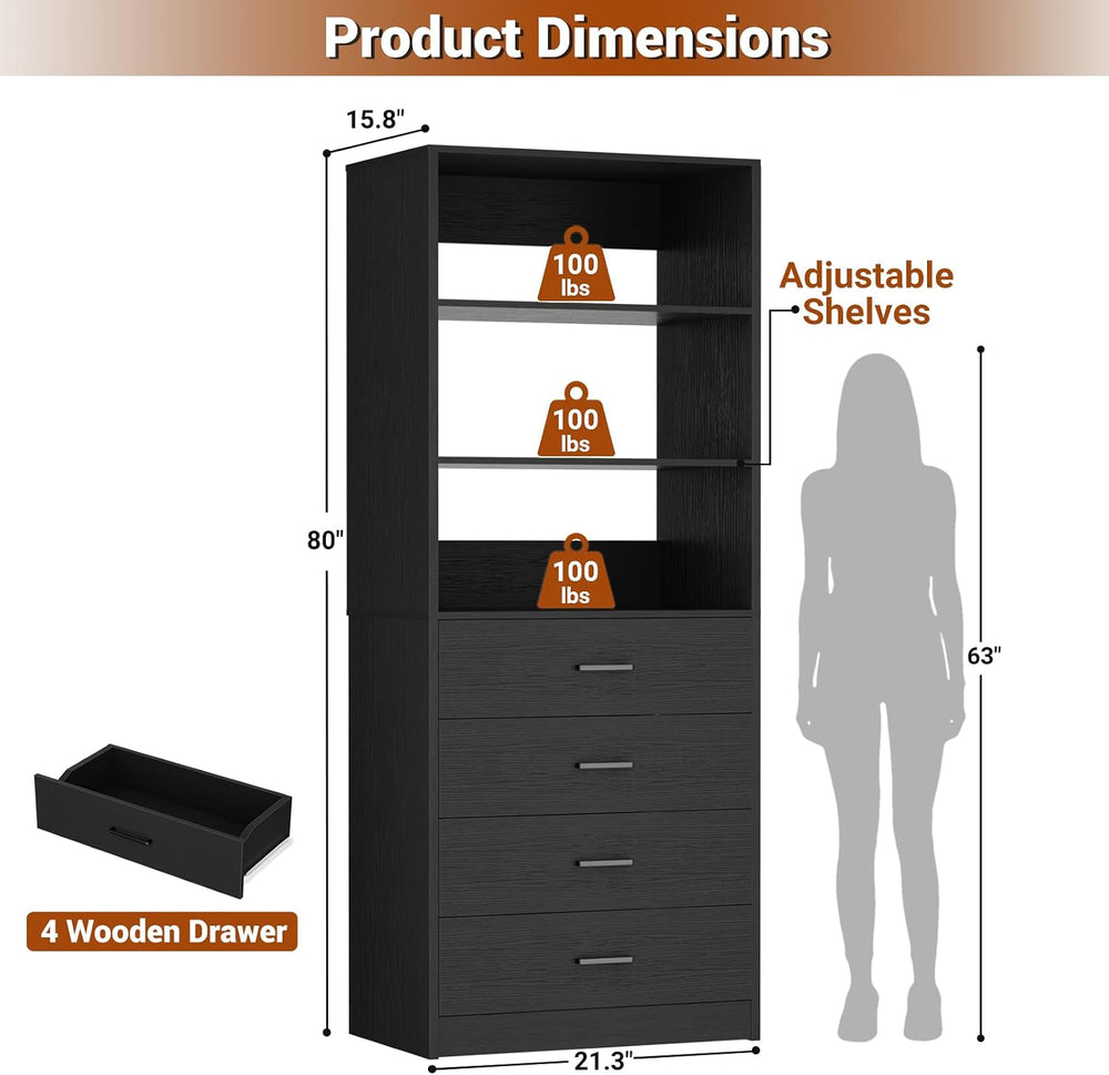 Aheaplus Closet Drawers System, 21.3" Wood Closet Organizer System, Black