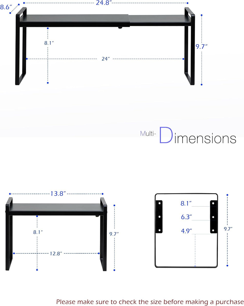 Cabinet Shelf Riser, Adjustable Cabinet Organizer, 8.6" Deep Black